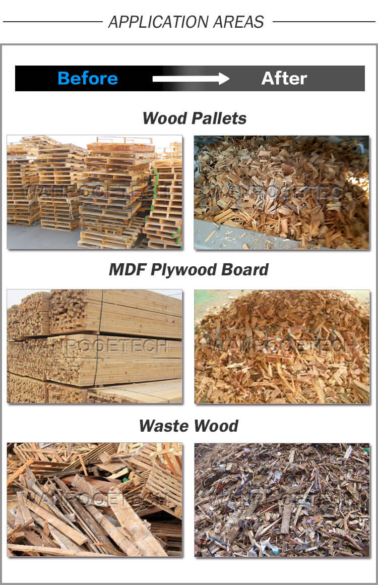 Madera residual, tablero de madera contrachapada de MDF, aplicaci&oacute;n de m&aacute;quina trituradora de paletas de madera